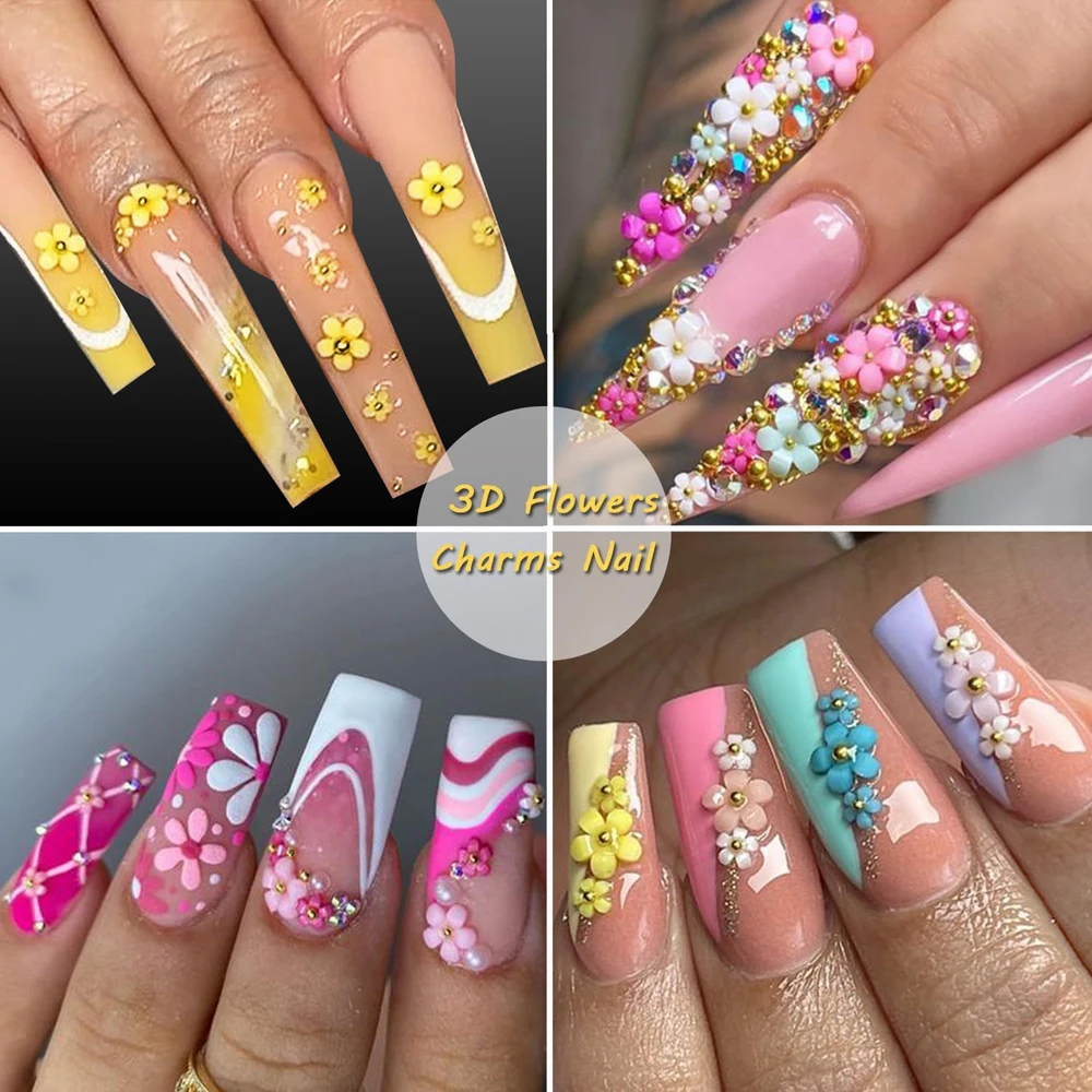 12 grilles-1500pc 3D fleur à cinq pétales Nail Art breloques 3/6mm résine fleurs décorations d'ongles et perles de Caviar argentées dorées pièces d'ongles