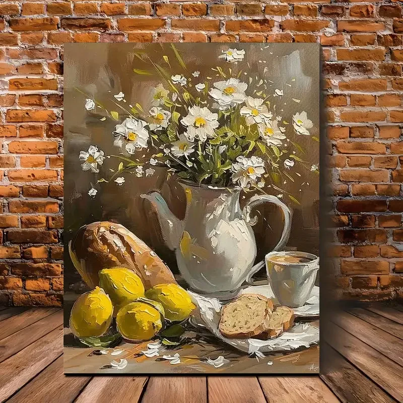 [2D Flat] 1pc Modern Still Life Oil Painting on Canvas - Rustic Traditional Contemporary No Framed Wall Art with White Daisie