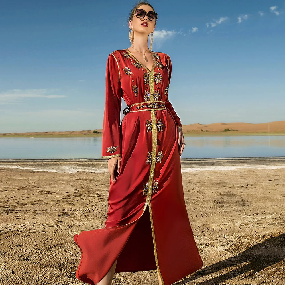 

Orange Arabic Dress Heavy Industry Hand Sewn Diamond Women Party Robe Middle Eastern Women Clothing