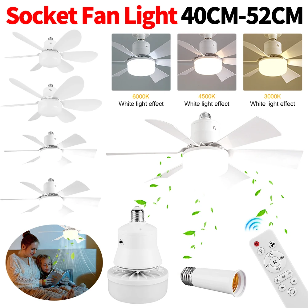 

Screw-in Ceiling Fan with Light & Remote 6 Blade Socket Fan with Extender 3000K-6500K Adjustable Lighting for Bedroom/Kitchen