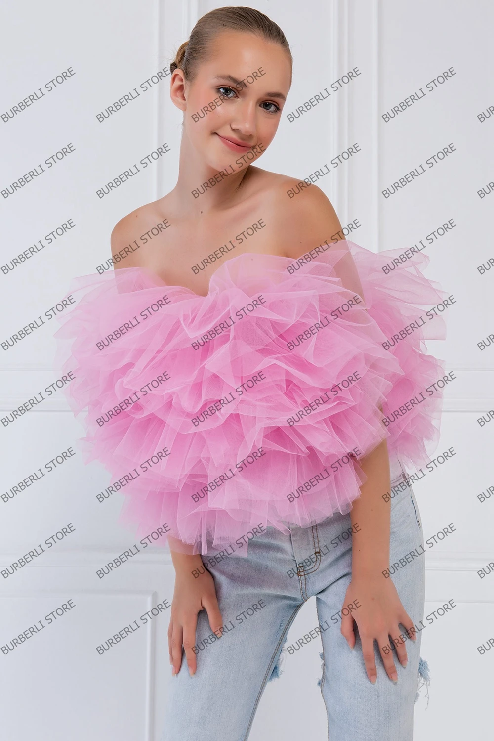 Imagem -03 - Puffy Rosa Tule Babados Mini Verão Topos Muito sem Alças em Camadas de Malha Feminina Superior Exuberante Fofo Curto Blusa Feminina com Zíper Volta