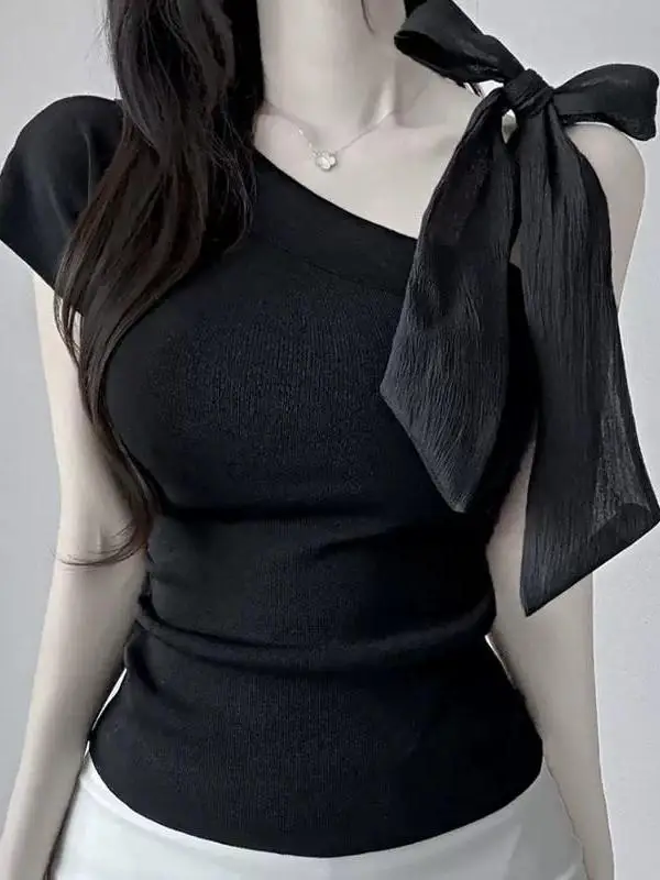 Slim Fit Korean Style Knitted T-Shirt Women's Fashionable Shoulder Bared Belted Waist Highlighting Body Shape Citywalk Short ...