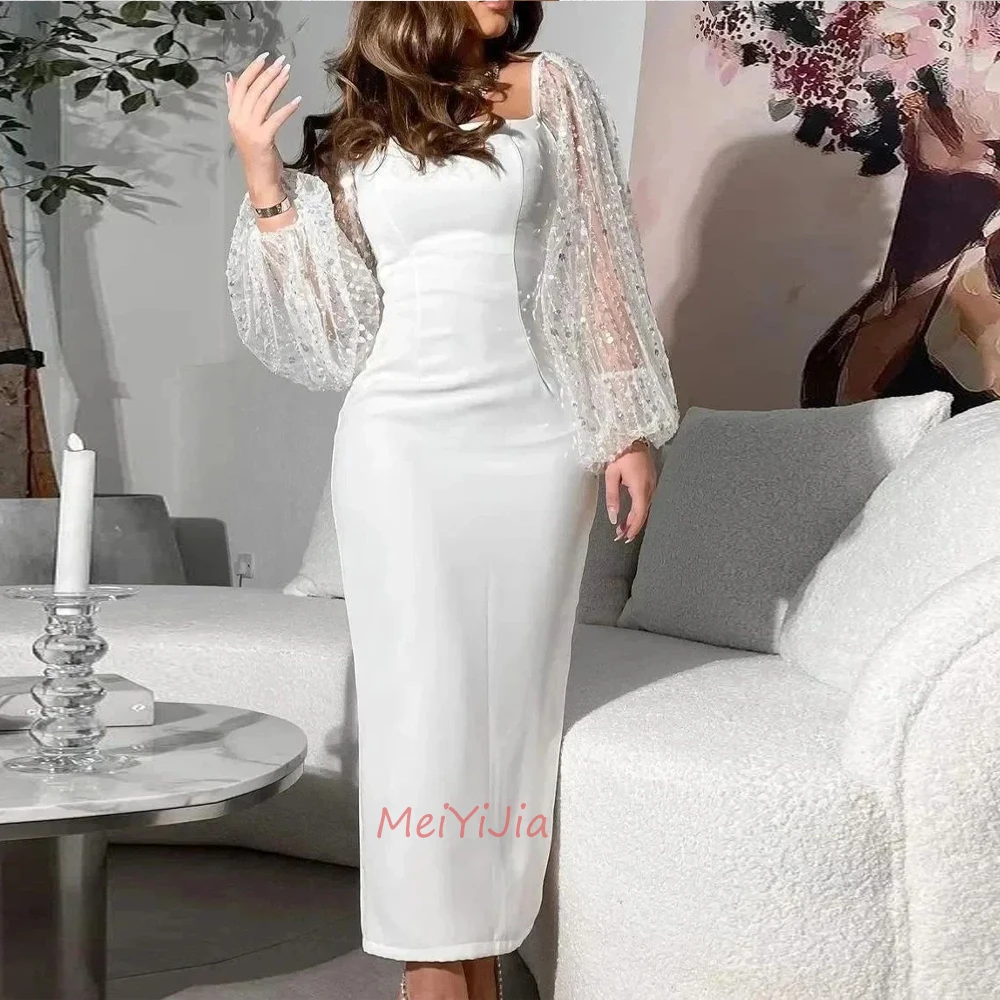 

Square Neckline Sheath Crepe Sequins Grace Long-Sleeves Ankle-Length Saudi Arabia Sexy Evening Birthday Club Outfits Summer 2024