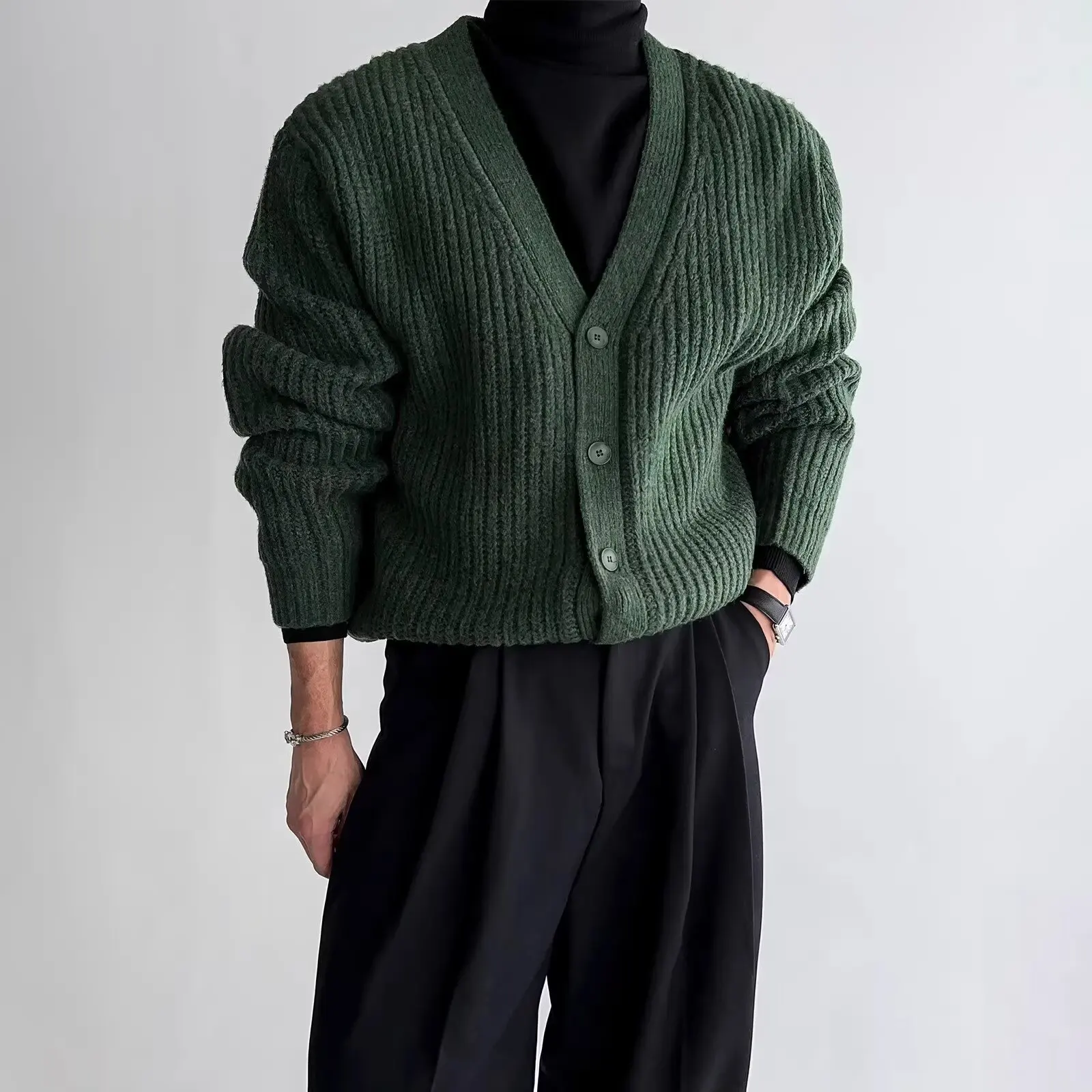 

Loose Men's V-Ne Knitted Sweater Oversized Japanese Sle Autumn Winter Coat for Couples Polyester Fiber Long Sve