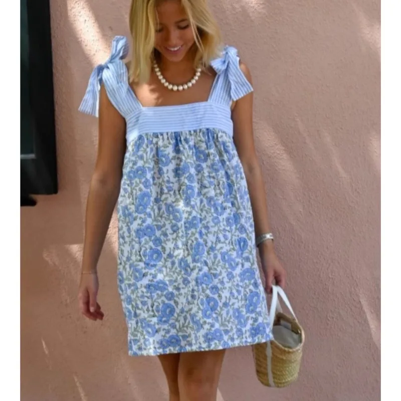 Mini abiti da donna con cravatta floreale sulla spalla Nuovo fiocco con collo quadrato Abito da babydoll Boho Flowy Vestito estivo 2025 Abiti estivi da spiaggia