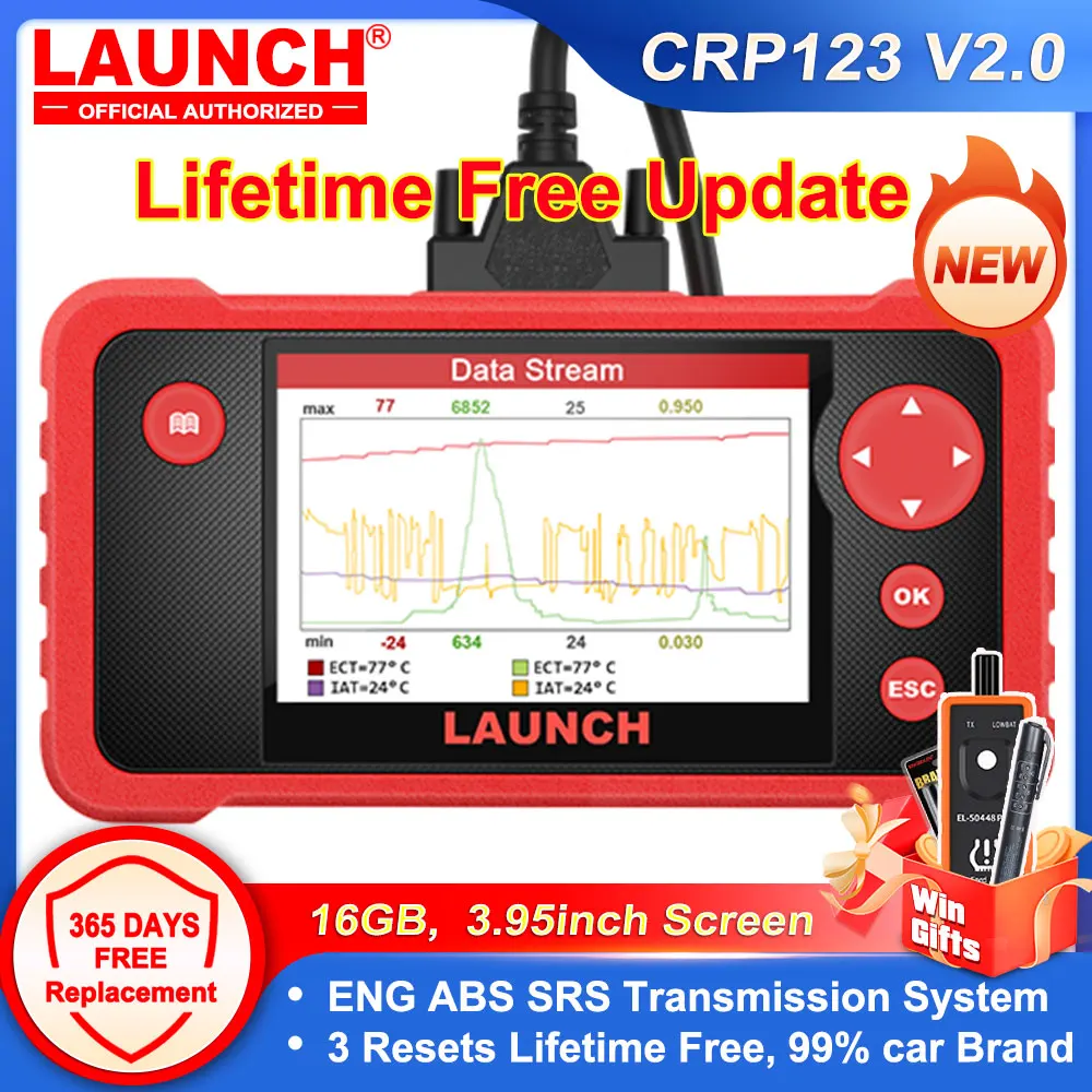 LAUNCH CRP123 V2.0 OBD2 Scanner ENG ABS SRS AT System Car Diagnostic Tools SAS OIL ETS Resets  Lifetime Free Update OBD Scanner