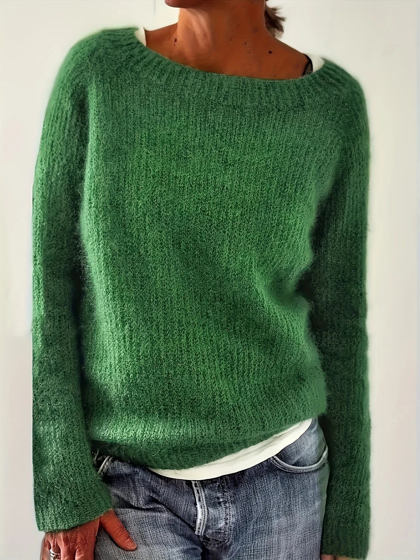 Women's boat neck knitted sweater loose long sleeved solid color pullover for autumn and winter casual top