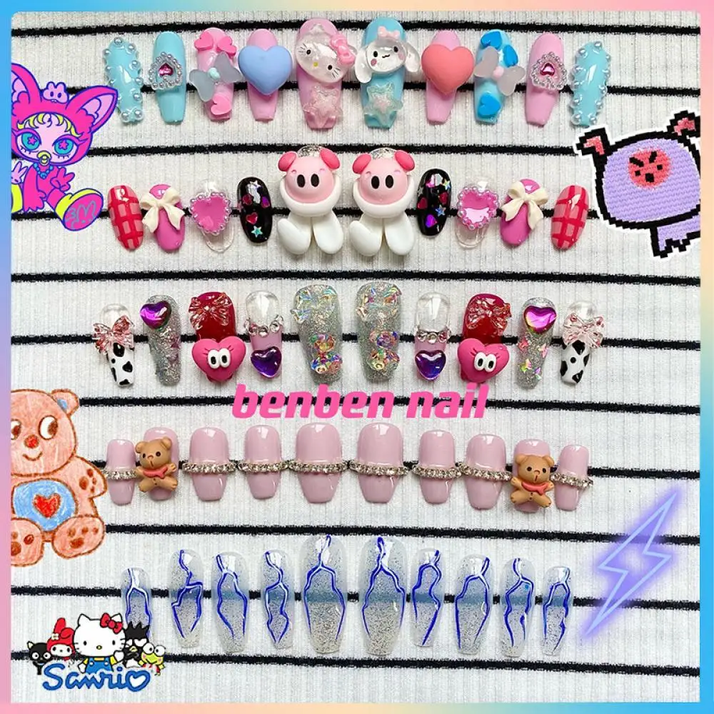 Kawaii Sanrios Fake Nails Hello Kitty 3D Anime Cartoon Wearing Armor Fingernails Reusable Detachable Handmade Manicure Cute Gift