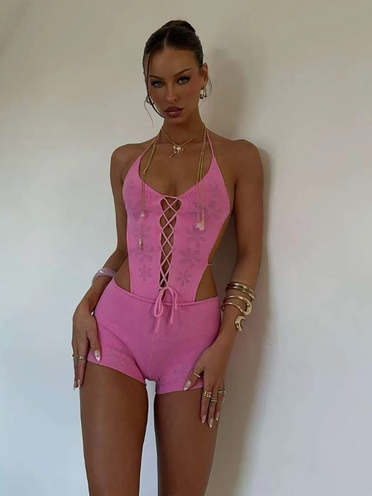 

Cutenew Knitted Waistless Women Playsuits Solid Summer Trend Halter Bandage Backless Rompers Mujer Concise Basic Party One Piece