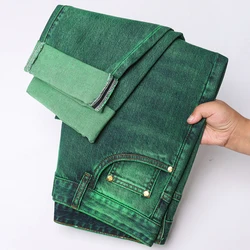 Light Luxury Men's Clothing Summer Fashion Trends Green Washed-out Vintage All-Match Stretch Slim Casual High-End Jeans Men