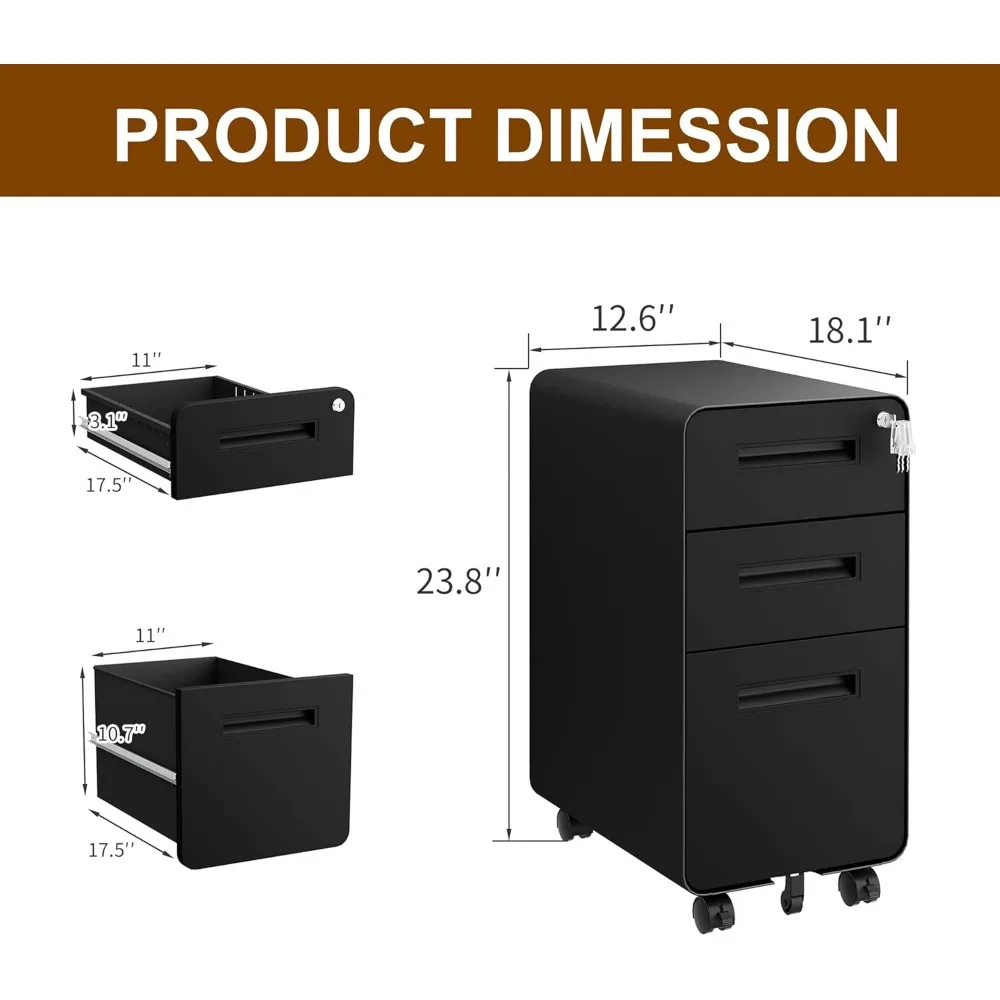 Secure Mobile Metal File Cabinet with 4 Keys, 3-Drawer Lockable Storage for Home Office, Under Desk, Pre-Assembled