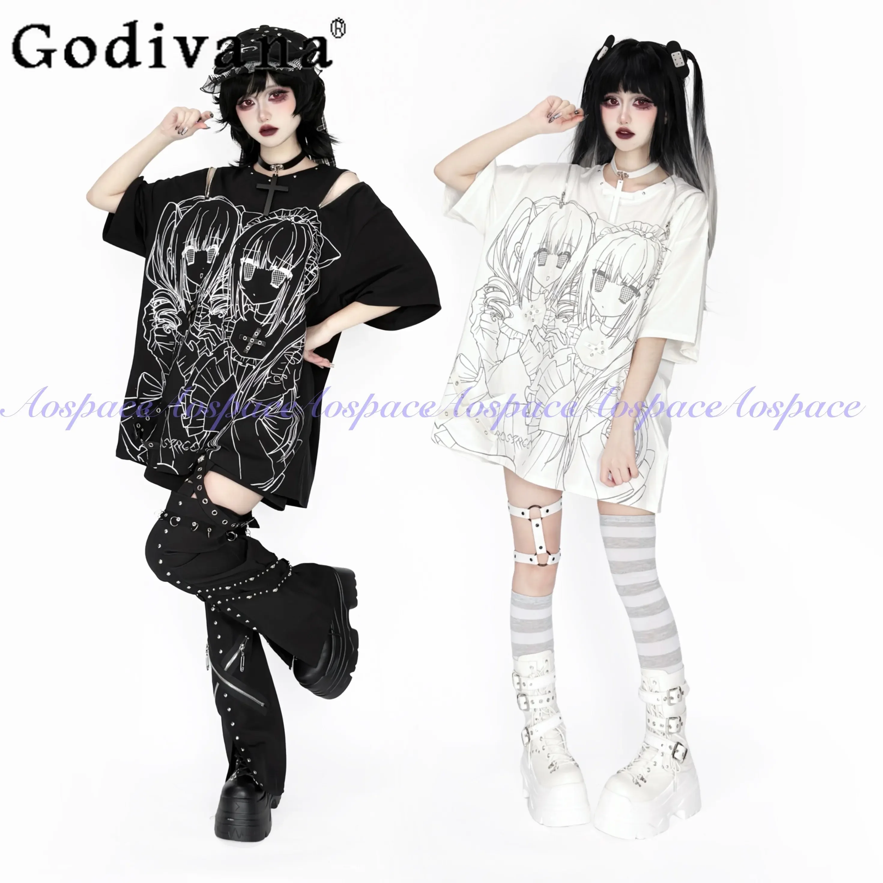 IMU Original Subculture 2D Anime Print Oversize Short Sleeve T-Shirt Summer Girl's Kawaii Top Harajuku Aesthetic Gothic Clothing