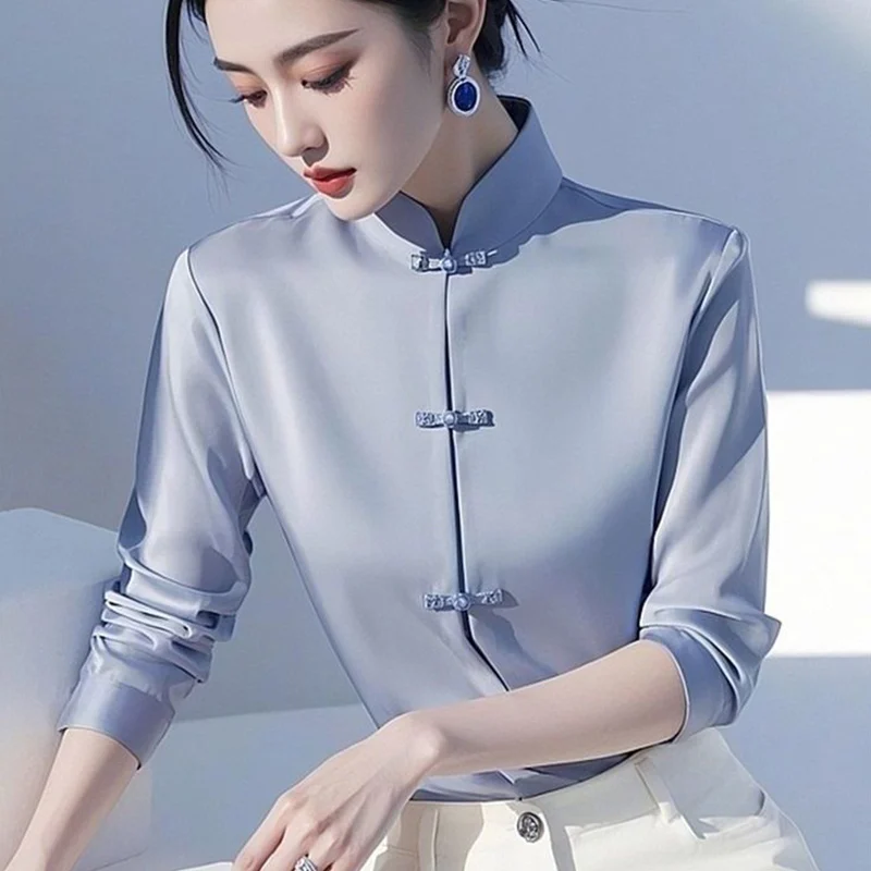 

Satin 2025 New Stand Collar Chinese Style Buttons Blouse Ladies Fashion Slim Long Sleeve Shirts Women Clothing Temperament Tops
