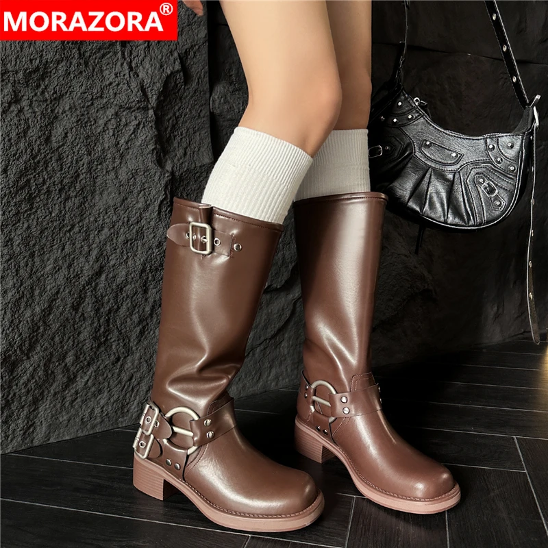 

MORAZORA Plus Size 34-42 New Genuine Leather Boots Women Shoes Retro Autumn Winter Mid Calf Boots Brown Ladies Western Boots