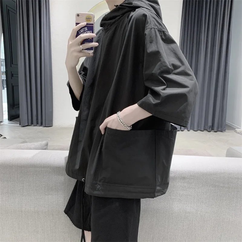 Summer New Loose Short Sleeved Hooded T-shirt Men's Korean Fashion Solid Large Pocket Super Large