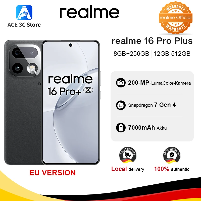 New Launch European Version realme 16 Pro Plus 5G Smartphone 200MP LumaColor Camera 7000mAh Battery 144Hz AMOLED Display