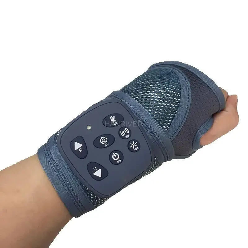 

Rechargeable wrist compression and vibration massager for hand joints, wrist acupressure, heat therapy, and meridian treatment