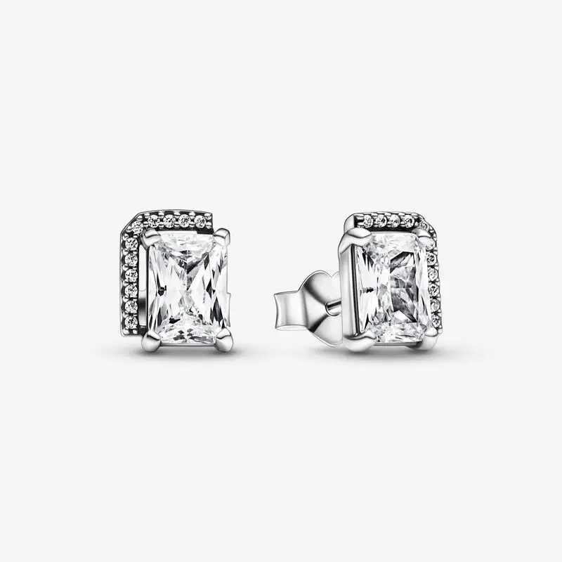 

100% 925 Sterling Silver Rectangular Sparkling Halo Stud Earrings Original European Style Brand woman Jewelry