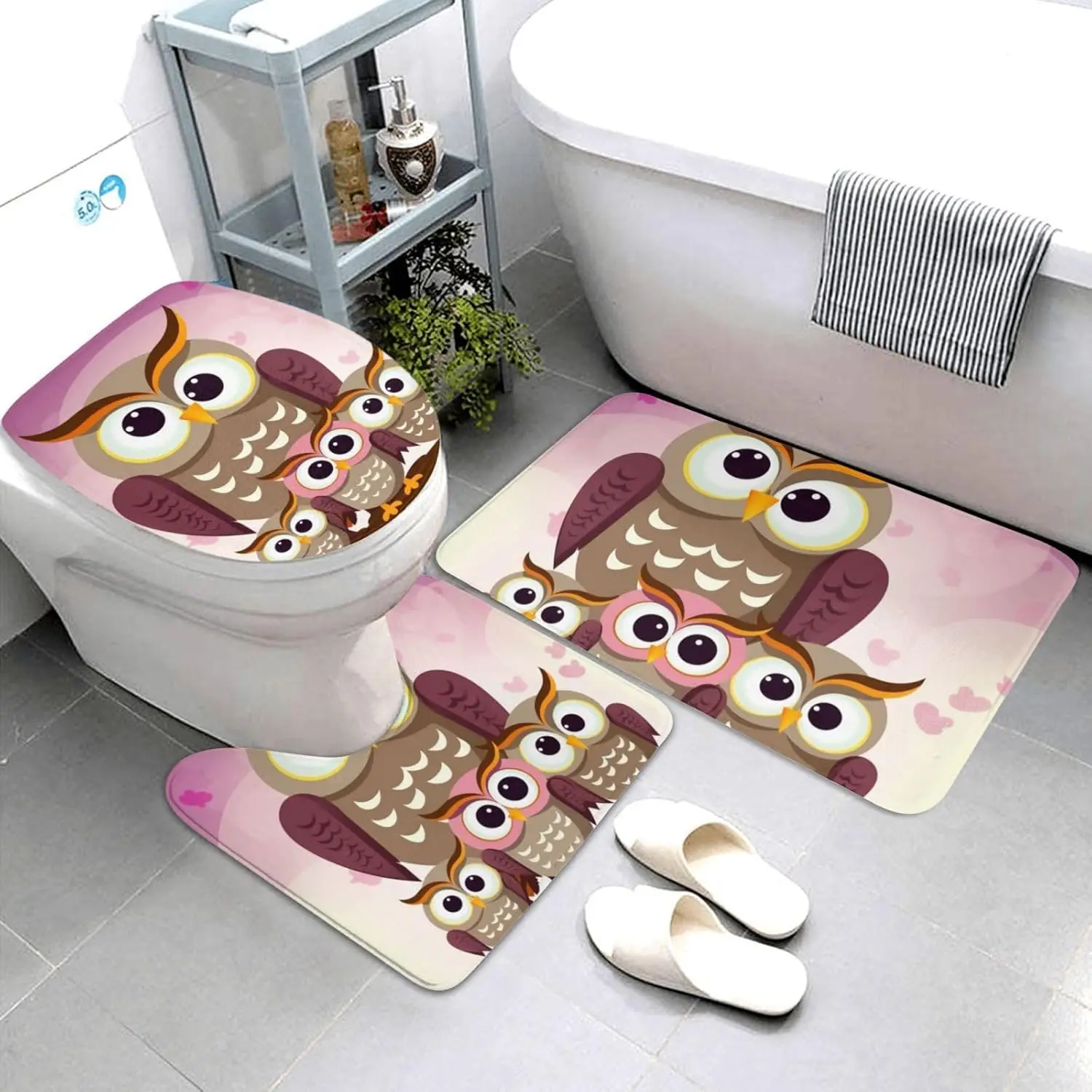 Owls Family Bathroom Rugs Sets 3 Piece, Non Slip Absorbent Bath Rug U-Shaped Contour Toilet Rug with Toilet Cover