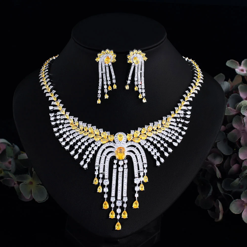 cwwzircons amarelo zirconia cubica conjunto de joias t737 brilhante com borla grande para o casamento festa traje 01