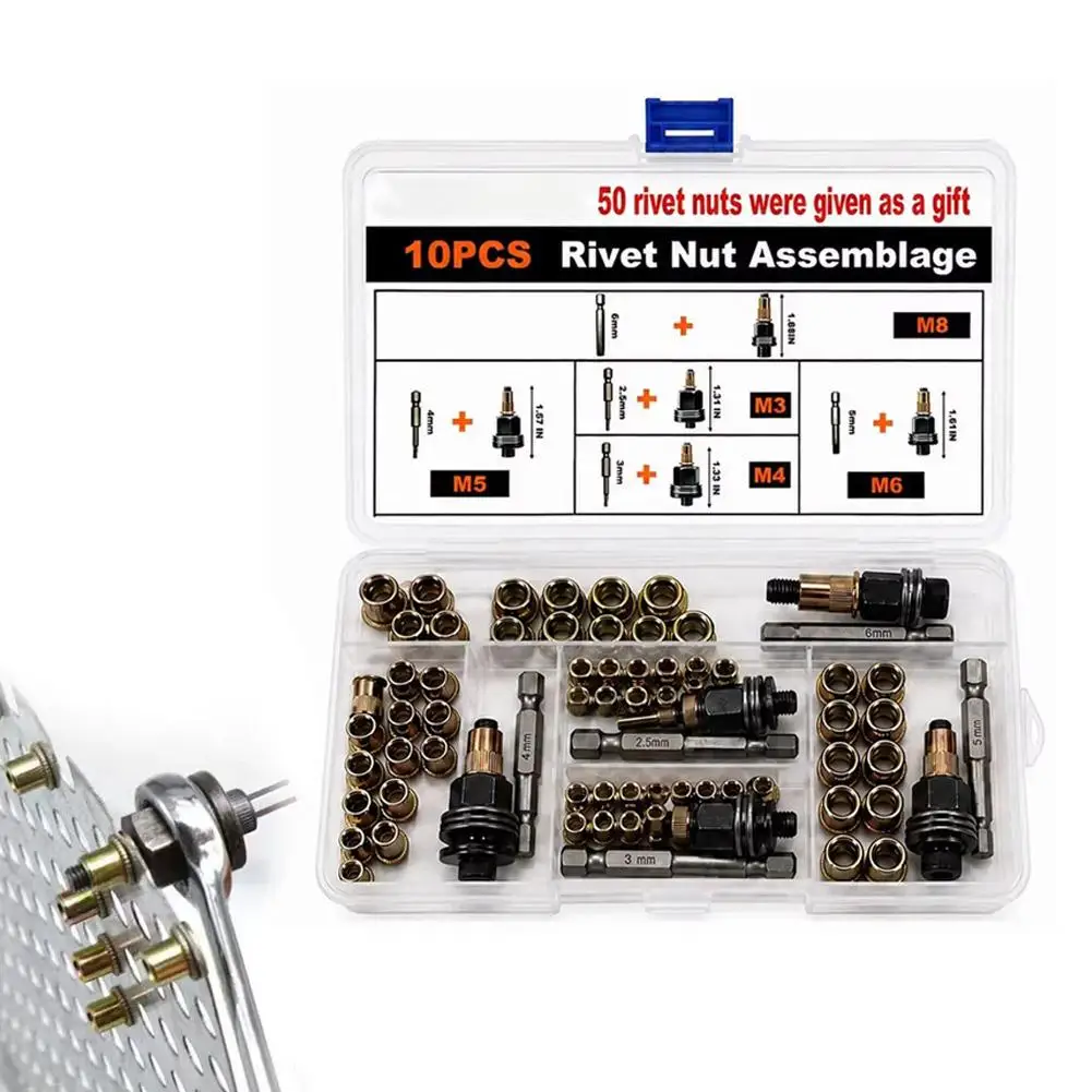 Head Rivet Nut Tool M3 M4 M5 M6 M8 Rivnut Kit Carbon Steel Rivnut Set Threaded Rivet Nut Kit Manual Riveter Rivnuts Tool