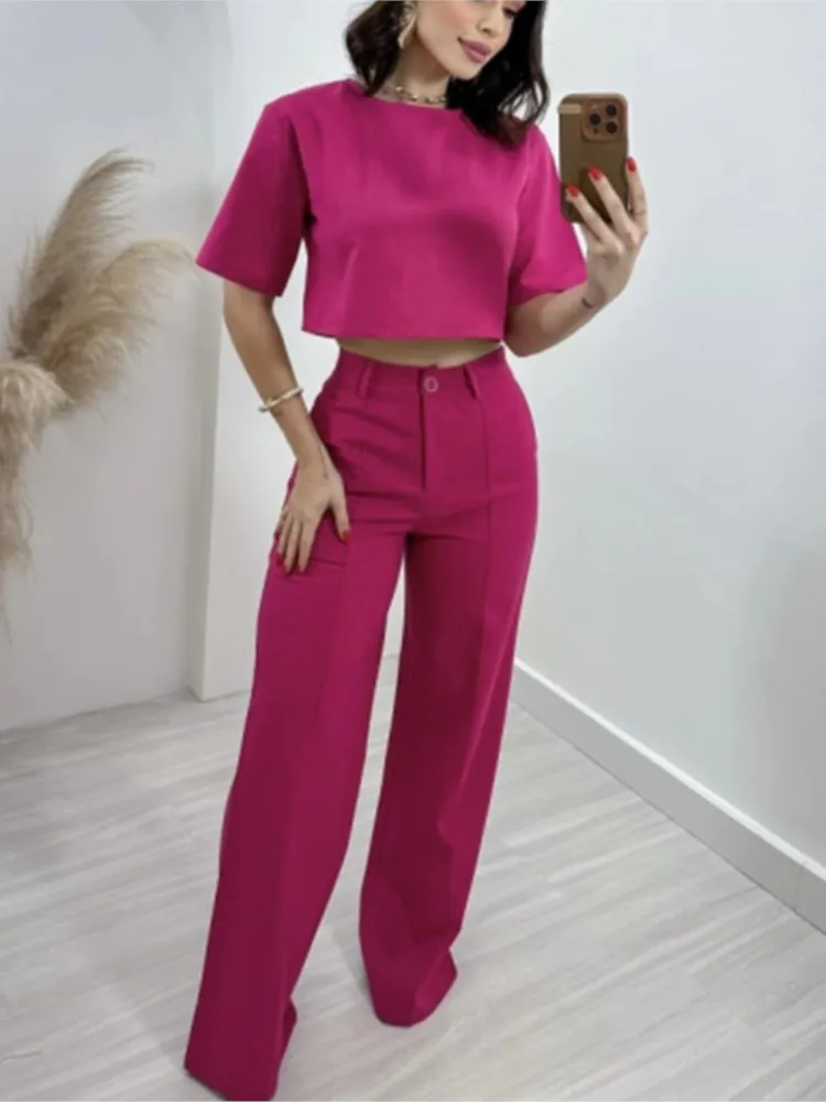 Casual New In Matching Two Piece Sets Women Summer 2024 Fashion Short Sleeve T-shirt Crop Tops High Waist Wide Leg Pant Sets