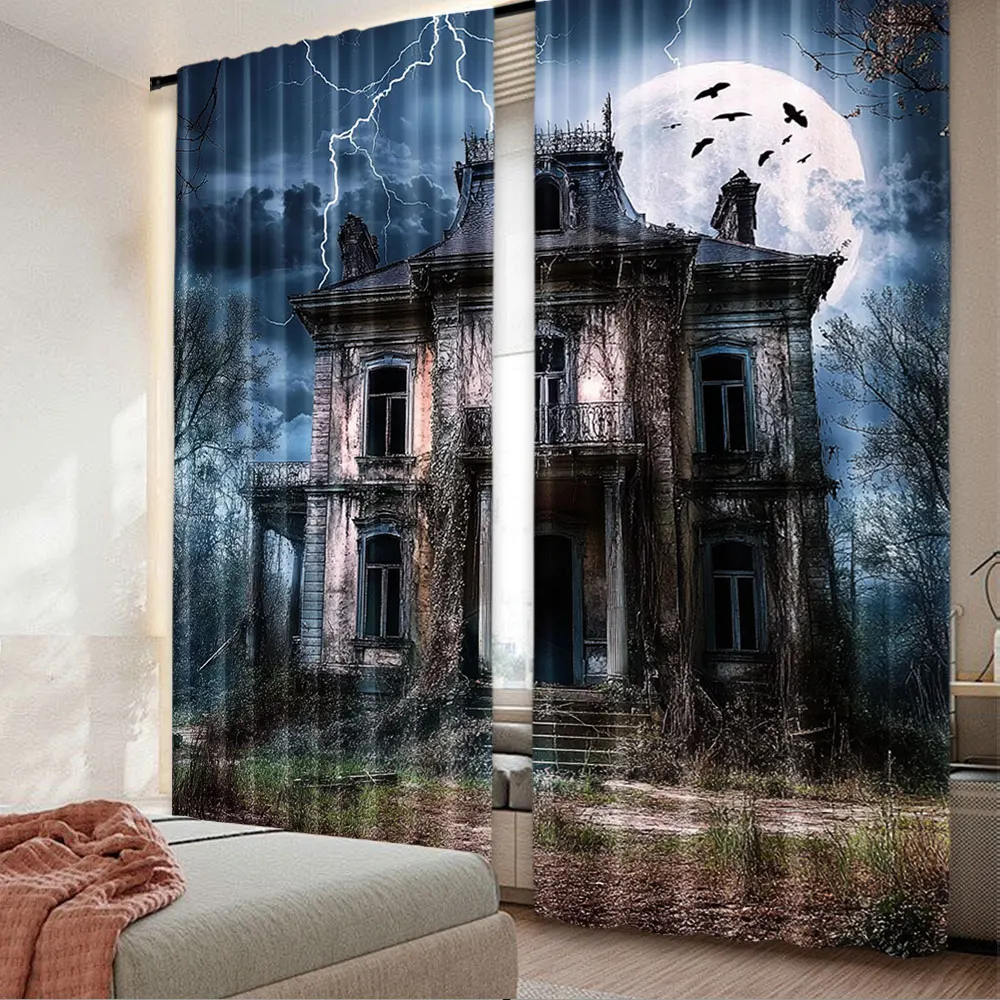 2Pcs Horrors Halloween Haunted House Curtain Retro Shabby House Halloween Party For Living Room Bedroom