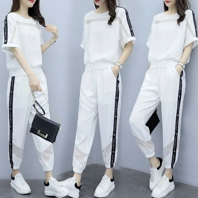 

Sports Suit Women Summer Two Piece Set 2023 New Female Pants Set Ladies Casual Sportswear Suit Short Sleeve 2PCS