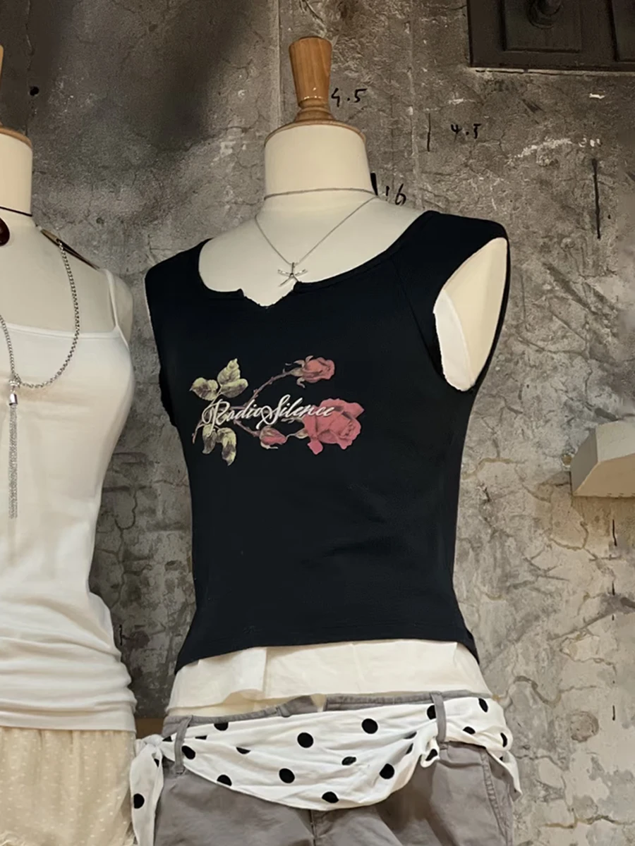 

Rose Print Black Slim Crop Top Woman O-neck Cotton Sleeveless Cropped Tee Tops Summer Vintage Y2k Streetwear Sweet New T-shirts