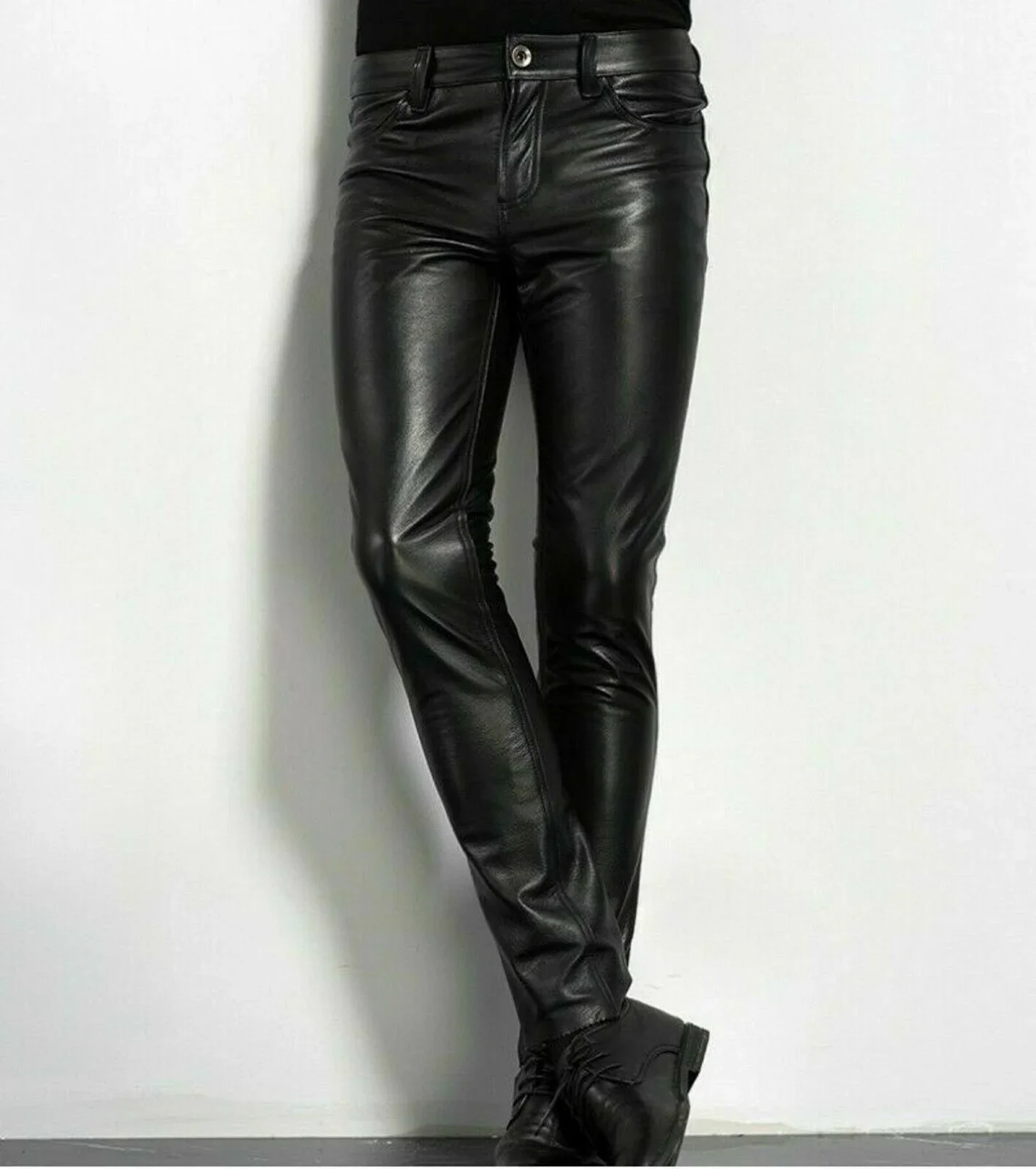 Choice PU Leather Pants Men\'s Fashion Rock Style Night Club Dance Pants Men\'s Faux Leather Slim Fit Skinny Motorcycle Trousers