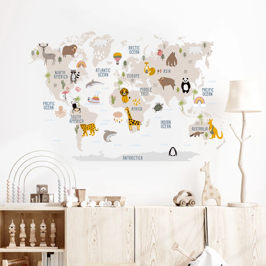 Cartoon Large World Map Wall Stickers Animals Wildlife Watercolor Kids Vinyl Nursery Art Decals for Babys Girls Room Home Decor