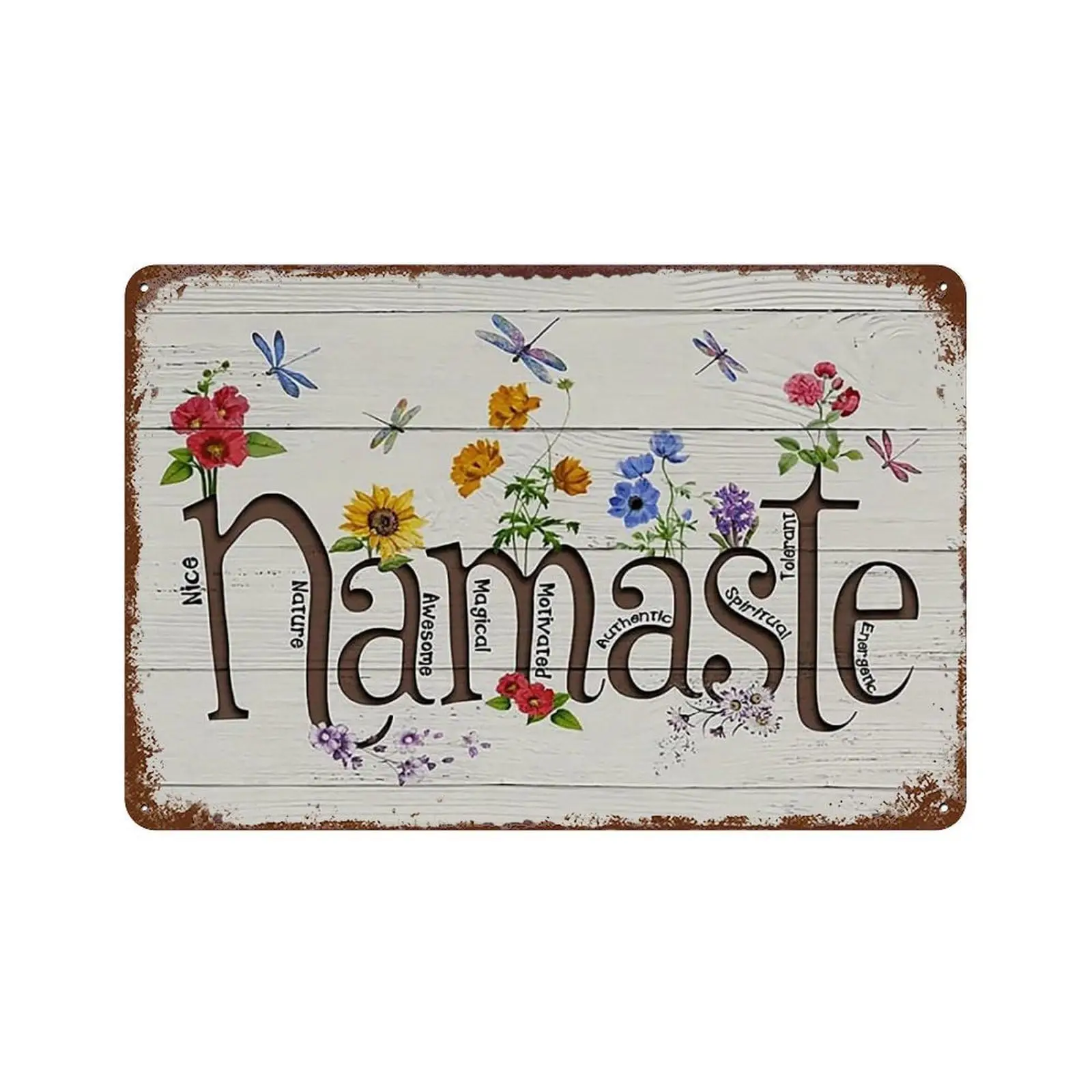 Retro Tin Sign Yoga Namaste Flowers And Dragonflies Funny Signs Wall Art Decor Plaque For Home Bar Pub Club Cafe Living Room 8X1