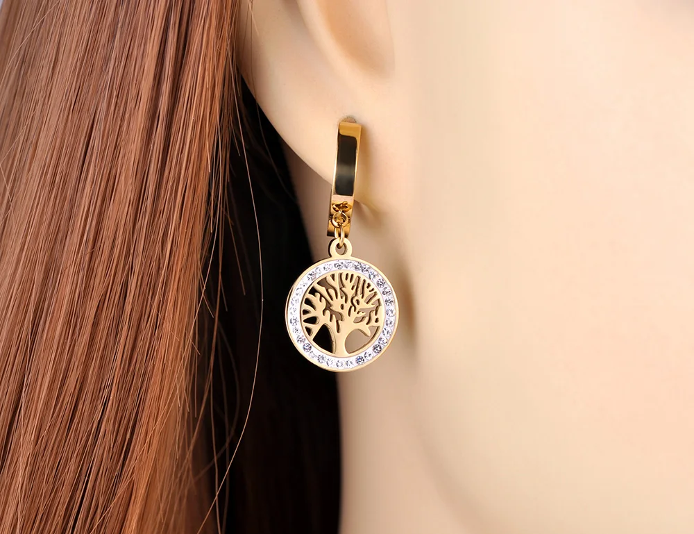 Lokaer 18K Gold Stainless Steel Bohemia Party Hoop Earrings Fashion CZ Crystal Tree Earrings Jewelry For Women Серьги E21029
