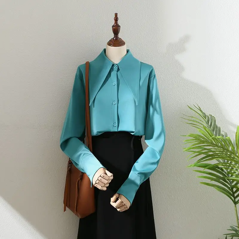 

French Spring Autumn Point Collar Shirt Women's Versatile Loose Drape Simple Chic Top