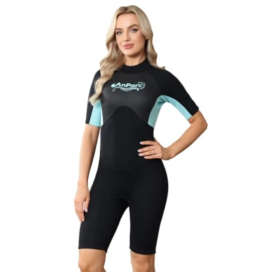 

Women's 3mm shorty wetsuit with back zip neoprene material black color UPF 50+ sun protection and water repellent for diving su