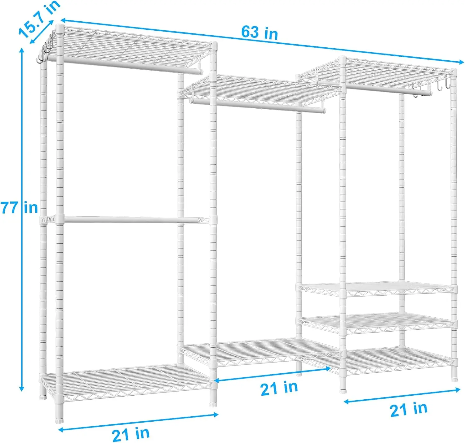 Ulif-E13 Heavy Duty Roupas Rack, 4 Hanger Rods e 8 Prateleiras, Racks de roupas autônomas para pendurar roupas, ajustável