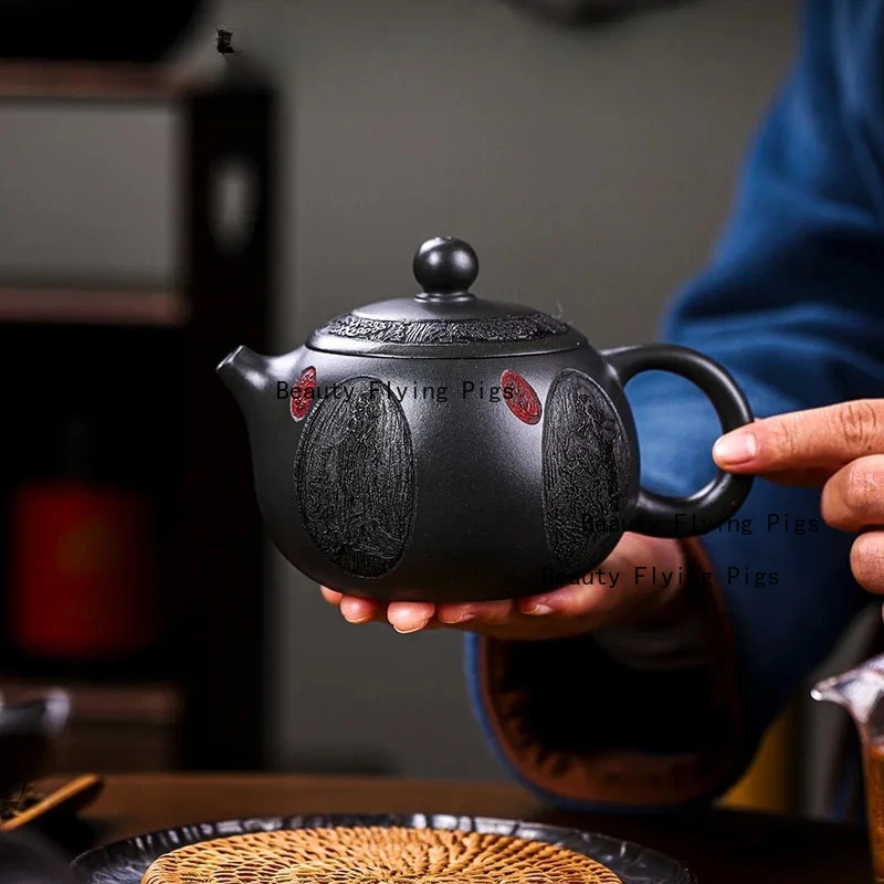 Yixing-Handmade Purple Clay Pot, Health Care Pot, Xishi Deep Well, Dark Green Mud Chinese Tea Pot, 430ml,Tea Set Accessories