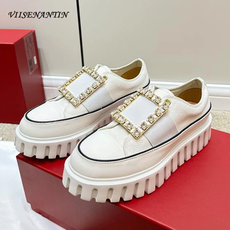 

Bling Bling Rhinestone Buckle Decor Women Flat Platform Loafers Shoes Slip on Canvas Round Toe All Match 2023 Autumn Girls Shoe