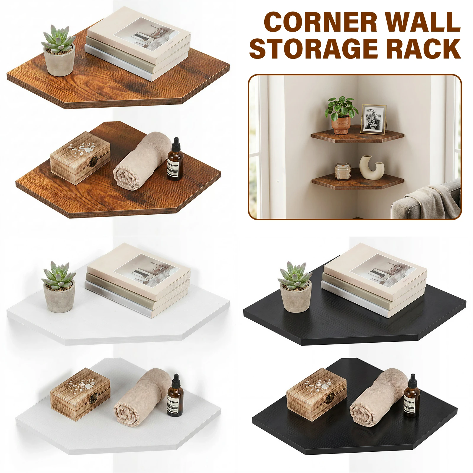 2Pcs Wall Corner Shelves Thicken Density Board Corner Shelf with Wire Cutout Design Floating Wall Storage Shelf for Home Decor