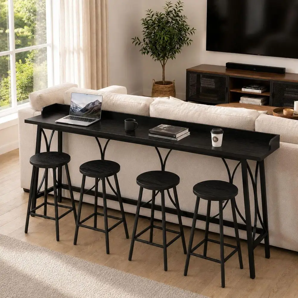 82.3 Counter Height Table with Back Rail, Black | Industrial Bar Table for Dining Room, Living Room & Kitchen