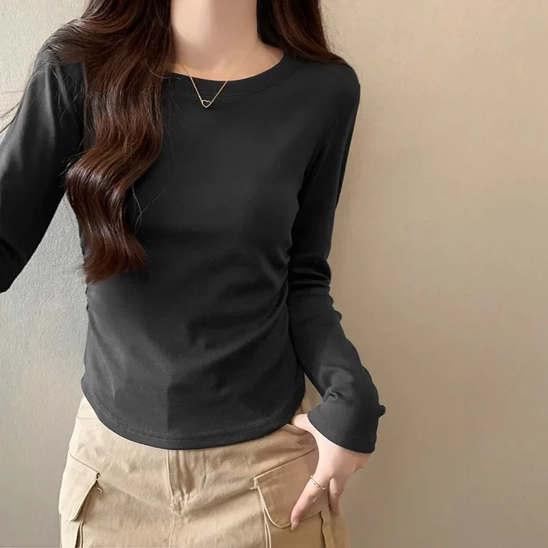Women New Curved Hem Cotton T-shirts Long Sleeve Solid Colors Irregular Tops Sping Autumn O-neck Casual Tees Bottoming Shirts