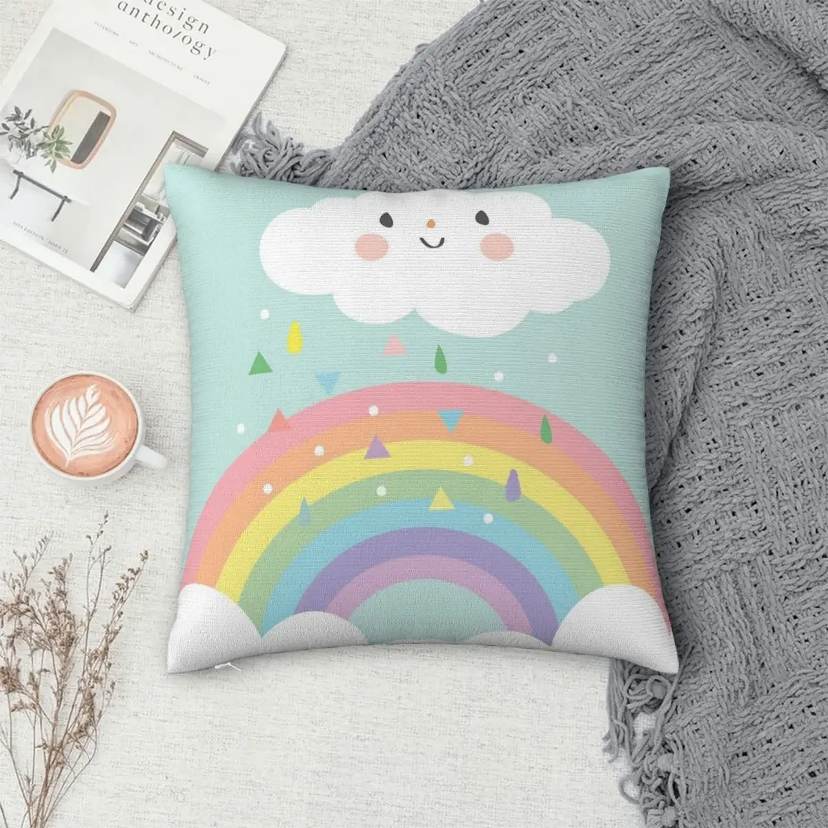 Rainbow Happy Little Cloud Pink Rain Dew Pillowcase Polyester Pillow Cover Cushion Comfort Throw Pillow Sofa Decorative Cushions