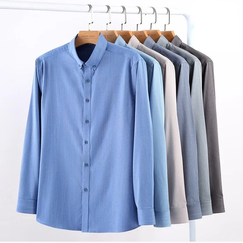 2023 New Spring Autumn Bamboo Fiber Shirts Men's Long Sleeve Shirt Business Casual Fine Stripe Formal Shirt Camisas De Hombre