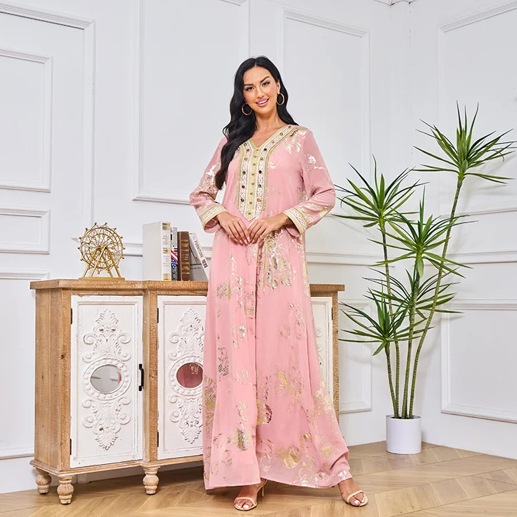 Long Dress For Prom V-neck Beaded 2023 Spring Muslim Gold Stamped Fashion Robe With Belt Pink Dress Dubai Arab Women Clothing