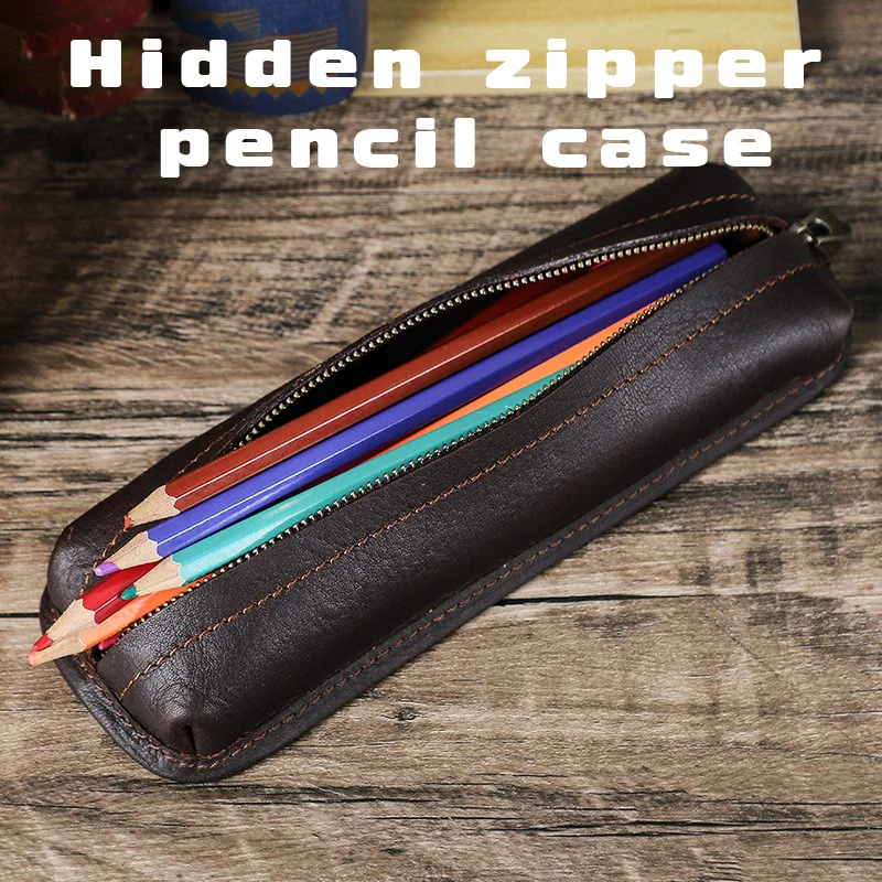 

Handmade Leather Pen Storage Bag vintage full grain cowhide Zipper Pen Case Large-capacity Stationery Bag School Office Supplies