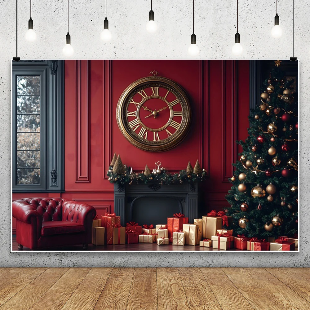 Fondo de Navidad rojo fotografía gigante Año nuevo reloj árbol de Navidad regalo chimenea invierno niños familia decoración interior telones de fondo