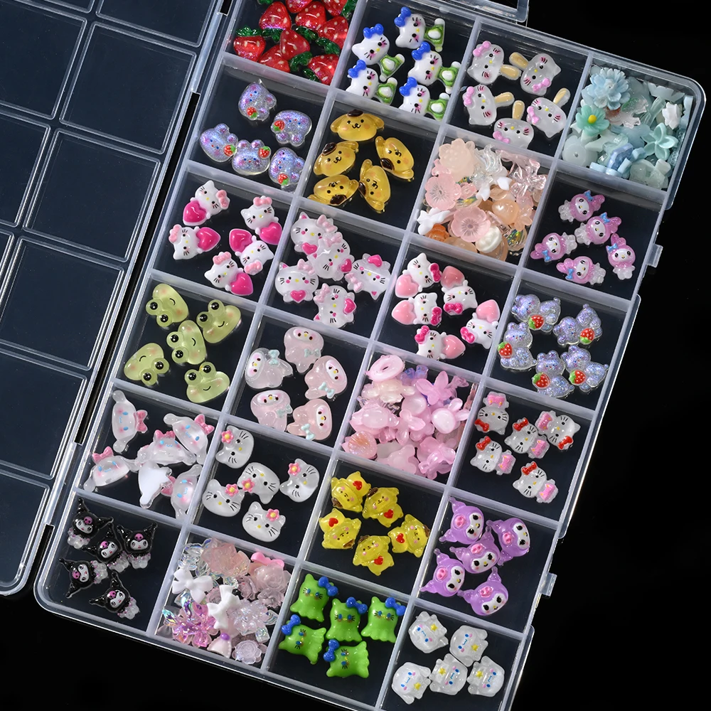 24 그리드/박스 스파클링 헬로 키티 Kuromi 멜로디 Cinnamoroll 네일 장식 네일 아트 참 만화 쥬얼리 매니큐어 참 소녀를위한