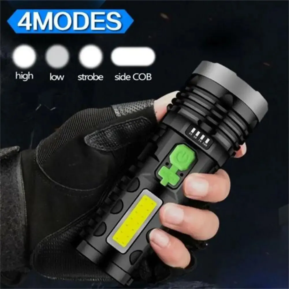 Led Flashlight 4 Modes Built-in Battery Usb Solar Rechargeable Torch With Side Light Outdoor Lighting Camping Fishing Lights