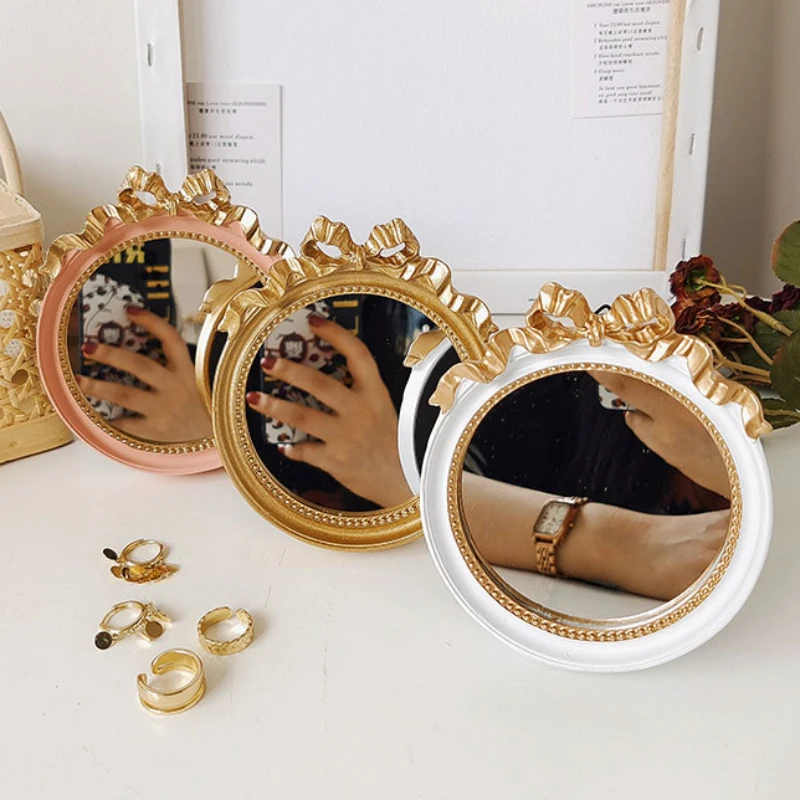 Retro Bowknot Round Mirror European Style Anaglyph Decorative Mirrors Baroco Style Handheld Mirrors for Women Home Decoration