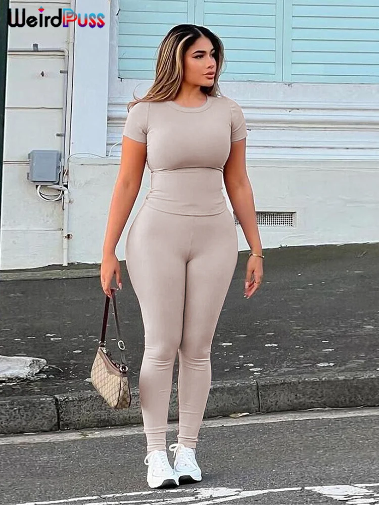 Weird Puss Body-Shaping Women 2-częściowy zestaw dresowe spodenki rękaw rozciągliwe krótkie bluzki + legginsy rozciągliwe solidne sportowe stroje